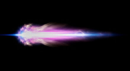 Futuristic energy beam overlay with blue and purple light on black background, science fiction laser or plasma weapon blast for visual effects