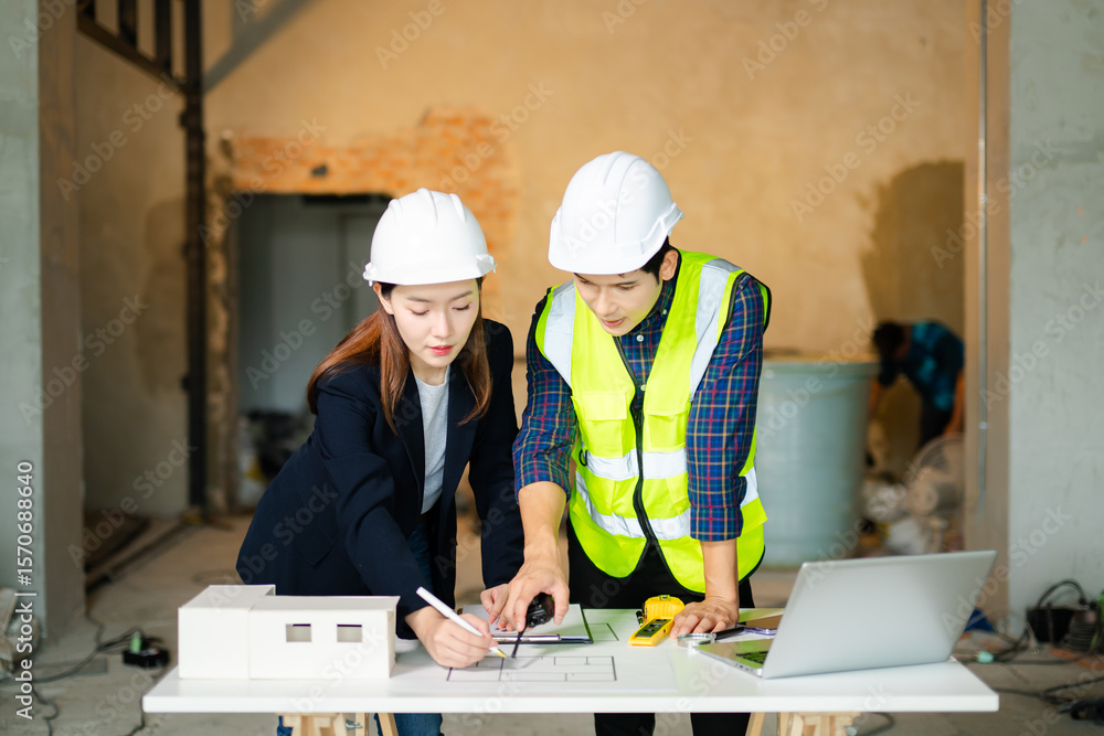 Poster construction engineer in a safety vest and an architect with a hard hat examine blueprints and a sca