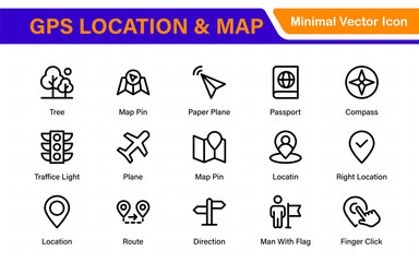 GPS Location Icons. Navigation Pointer, Route Map, Pin Drop, Compass Line Symbols. Travel and Direction Icon Set.