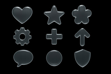 Shiny 3d glossy icon set for business presentations, infographics and statistics, high quality transparent pictograms isolated on elegant black background