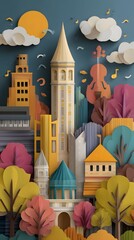Whimsical Cityscape with Architectural Landmarks and Musical Elements
