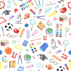 Back to school watercolor seamless pattern with classroom supplies and stationery items. Hand drawn creative class education backdrop perfect for fabric textile and wallpaper