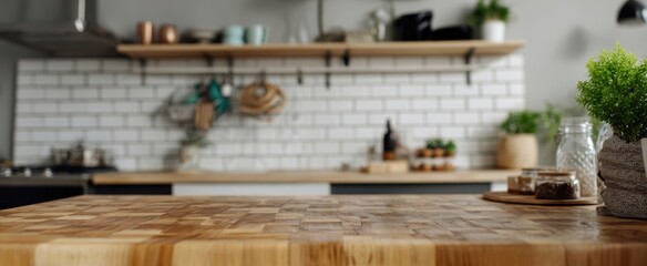 The wooden countertop in a modern kitchen with decorative elements and greenery.