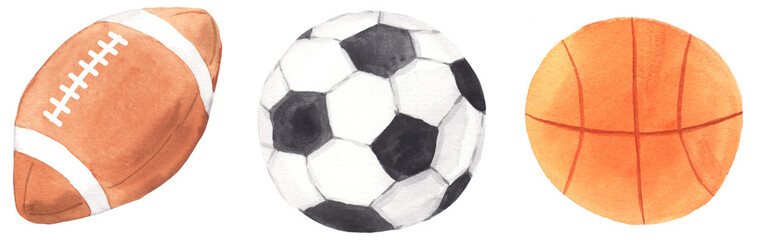 Back to school set with watercolor football volleyball balls isolated illustrations. Hand drawn creative sport team activity items collection clipart © lisagerrard99