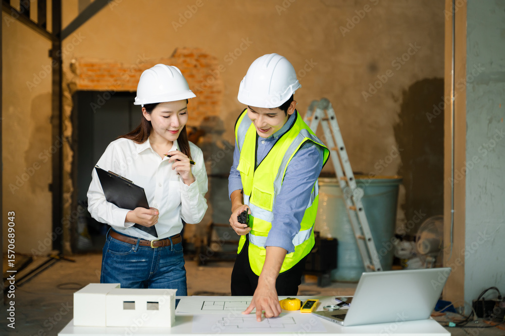 Poster construction professionals in hard hats examine blueprints and a scale model on a worktable, collabo