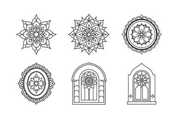 line art of floral,vectorian,mehdi,patern type,nature ,religion,architectural set bundle on the white background