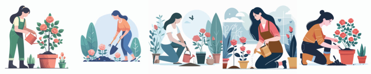vector woman planting roses