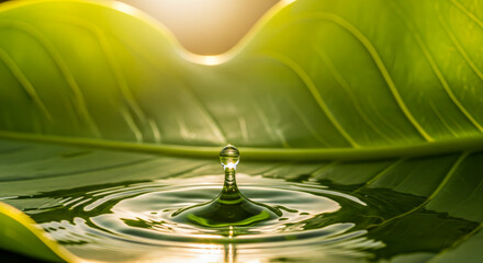 Macro shot of clear droplet creating beautiful ripple in pool of water, this serene tranquil image has wonderful golden sun flare
