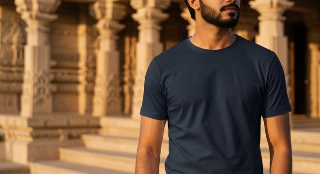 closeup mockup of a navy plain t-shirt worn by a young Indian male model, standing in front of a traditional Indian temple