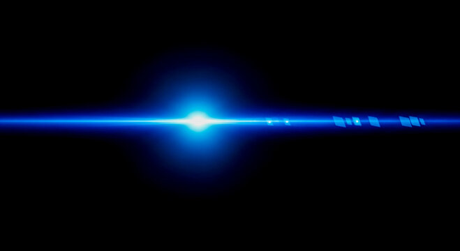 blue anamorphic lens flare overlay with sharp light streak, great futuristic digital effect isolated on pure black background