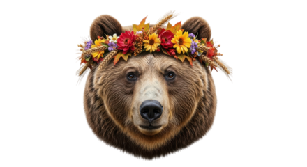 Brown bear wearing floral crown isolated on a transparent background grizzly bear