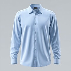 A pale blue, long-sleeved, button-down dress shirt is shown against a neutral gray background.  The shirt is wrinkle-free and appears to be made of a smooth, possibly synthetic, fabric