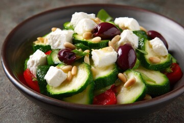 Salad in dark bowl sliced zucchini feta olives peppers pine nuts on slate