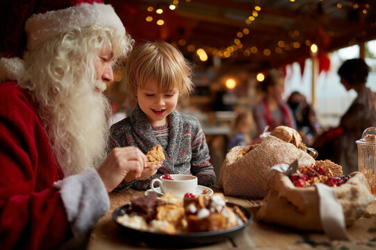 children having tea and cakes with santa clause