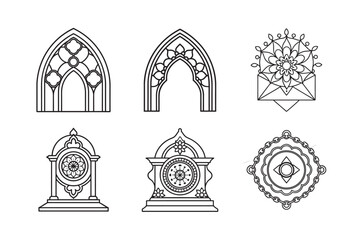 line art of floral,vectorian,mehdi,patern type,nature ,religion,architectural set bundle on the white background