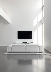 A serene minimalist living room with a white sofa placed opposite a sleek tv on the wall the room is characterized by its simplicity with light colors and modern furnishings creating a tranquil Em