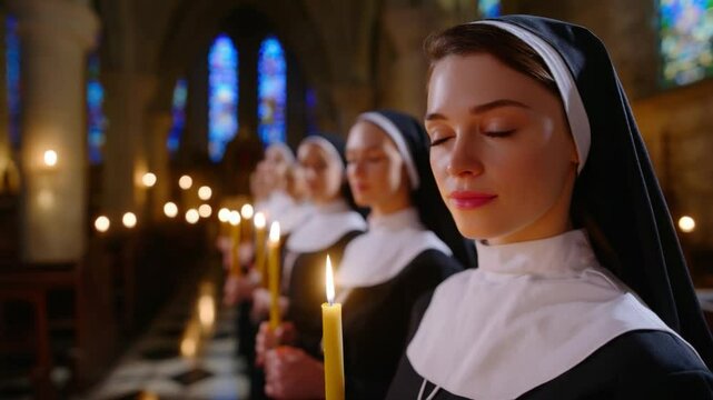 Devout Devotion: A serene scene in a cathedral, where nuns holding lit candles in quiet contemplation of spiritual reflection and peace.