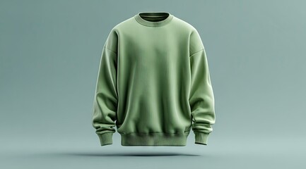 A pale olive green crewneck sweatshirt, seemingly weightless against a muted green backdrop, features long sleeves and a relaxed fit