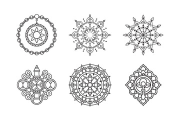 line art of floral,vectorian,mehdi,patern type,nature ,religion,architectural set bundle on the white background