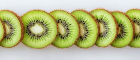 The vibrant arrangement of fresh kiwi slices on a white background