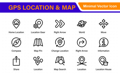 GPS Location Icons. Navigation Pointer, Route Map, Pin Drop, Compass Line Symbols. Travel and Direction Icon Set.