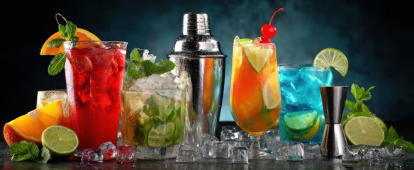 The vibrant display of cocktails and mixology tools against a dramatic backdrop.