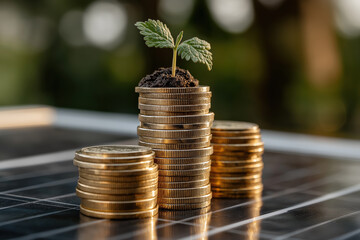 Stack of Gold Coins with Small Plant Growing on Top, Representing Sustainable Financial Growth