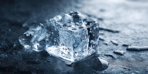 A close up of a single ice cube melting on a dark surface with condensation and water droplets