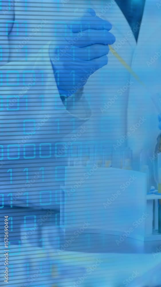 Poster animation of data processing over female scientist in lab