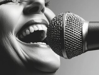 Dramatic Black and White Portrait of a Singer Performing with a Vintage Microphone