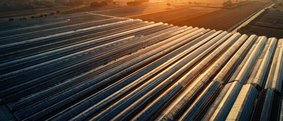 The agricultural landscape showcasing greenhouses at sunset over vast fields.
