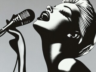 Dramatic Black and White Portrait of a Singer Performing with a Vintage Microphone