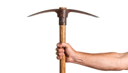 hand holding a rusty hoe isolated on transparent background