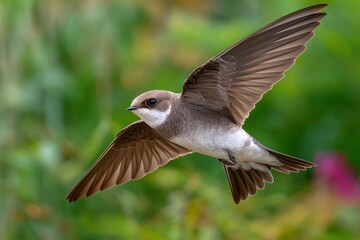 Sand martin in flight wings spread capturing its graceful movement against a blurred green backdrop