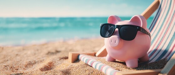 The playful piggy bank enjoying a sunny beach vacation in stylish sunglasses