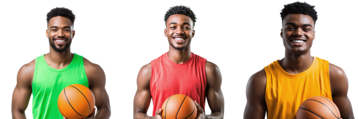 Set of portraits of athletic African-American men basketball players with a basketball ball in their hands isolated on transparent background PNG