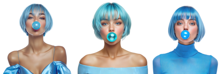 Set of cute girls with a bubble gum isolated on transparent background PNG