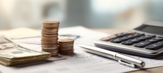 The arrangement of coins and cash with a calculator on paperwork.