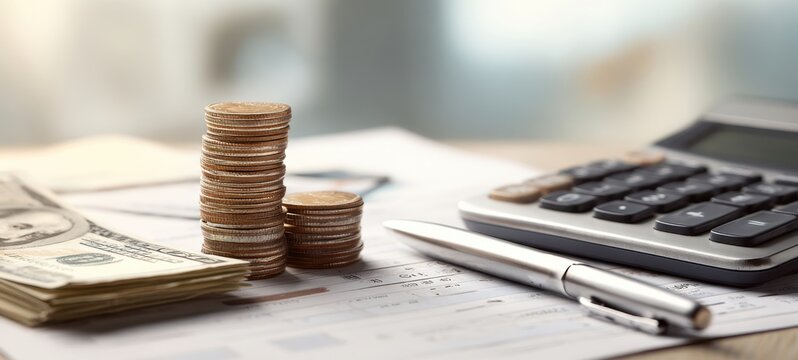 The arrangement of coins and cash with a calculator on paperwork.