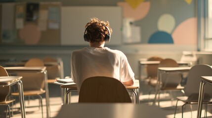 Teen boy in hoodie and headphones sitting alone in modern classroom, writing in notebook. Back view symbolizing focus, solitude, and individuality in contemporary learning space.