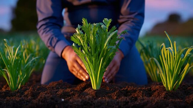 Green Harvest: A tender embrace of nature unfolds as hands carefully cradle a vibrant celery plant, rooted in fertile soil. It speaks of growth, nurturing, and the essence of organic sustenance. 