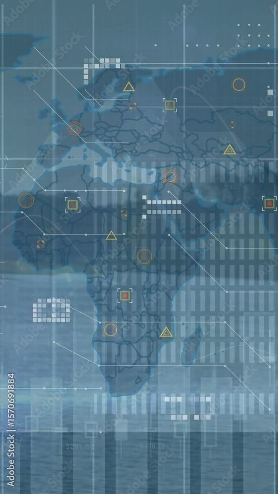 Poster animation of graphs and world map on grey background