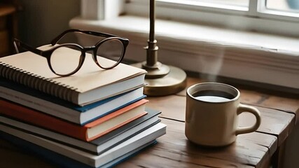 Cozy reading space with books, eyeglasses, and a warm drink.
