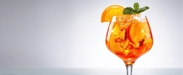 The vibrant orange cocktail garnished with mint leaves and citrus slices.