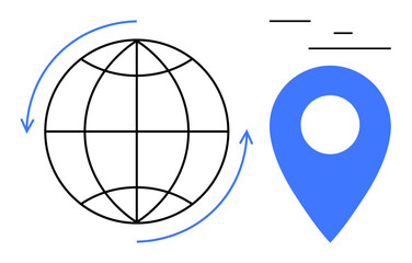 World globe with arrows signifying movement and connection, plus a location pin representing navigation. Ideal for global trade, logistics, travel, mapping, technology, business, simple landing page