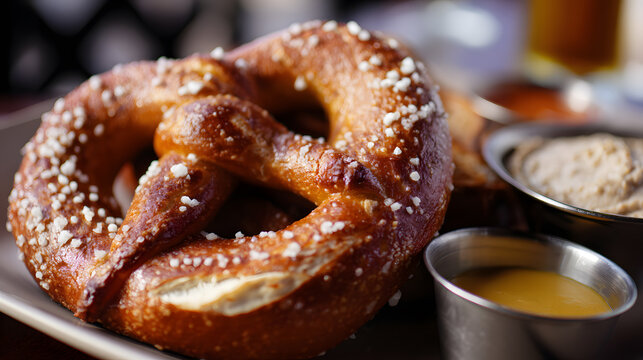 Soft pretzel with its iconic knot shape, generously sprinkled with coarse salt, ready to be enjoyed.