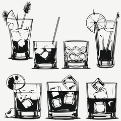 whiskey cocktails with ice sketch illustration vector