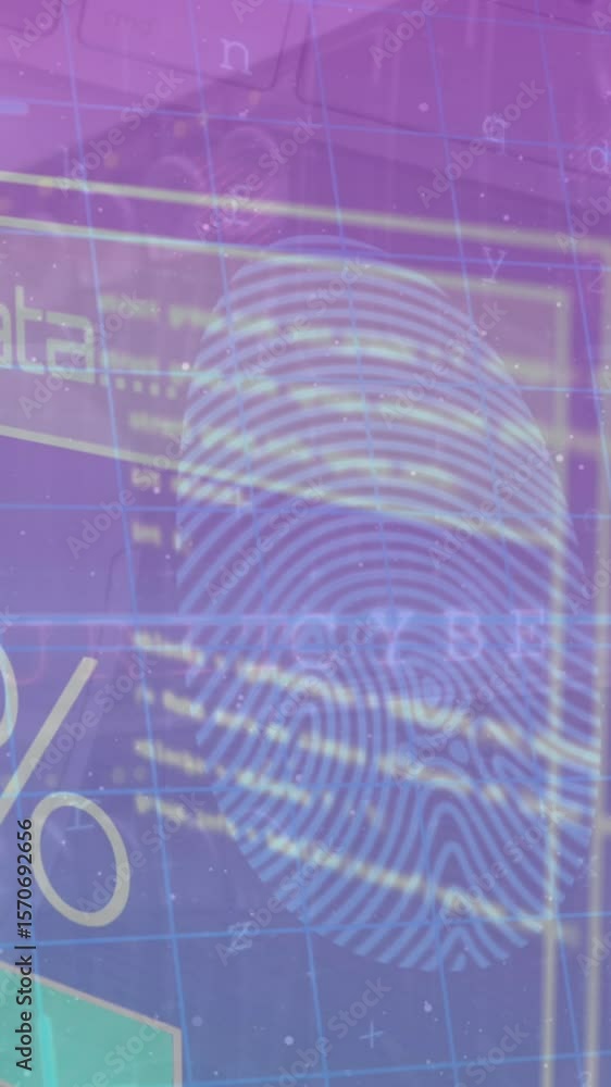 Poster animation of data processing on moving screens over purple background