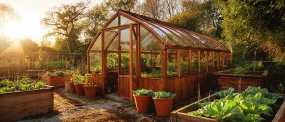 The beautiful greenhouse surrounded by thriving vegetable gardens in golden sunlight.