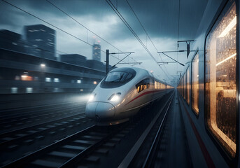 Naklejka premium High-speed train moving through stormy cityscape lit by industrial lights.
